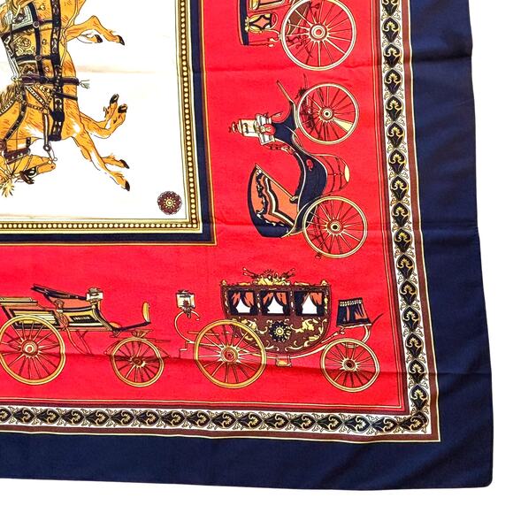 Silky polyester scarf large square designer look red blue gold carriages FLAWS - Picture 2 of 12